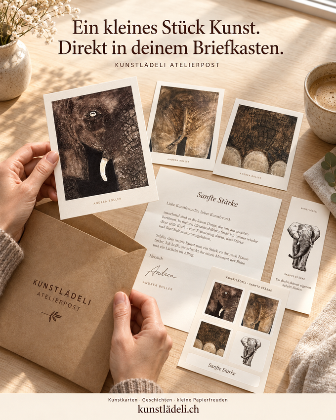 Gestaltungsbeispiel der Elefanten-Atelierpost mit Kunstkarten, Geschichtenbrief, Lesezeichen und Stickern
